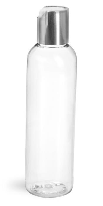 4 oz Clear PET Cosmo Round Bottles w/ Smooth Silver Disc Top Caps