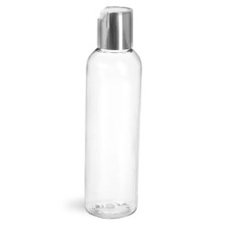 4 oz Clear PET Cosmo Round Bottles w/ Smooth Silver Disc Top Caps