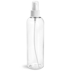 8 oz Clear PET Cosmo Round Bottles w/ White Fine Mist Sprayers