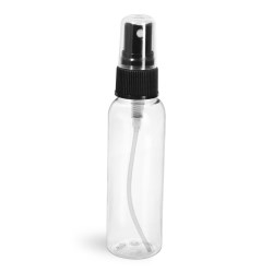 2 oz Clear PET Cosmo Round Bottles w/ Black Fine Mist Sprayers