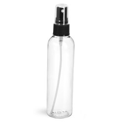 4 oz Clear PET Cosmo Round Bottles w/ Black Fine Mist Sprayers