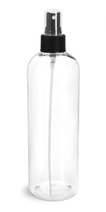 16 oz Clear PET Cosmo Round Bottles w/ Black Sprayers