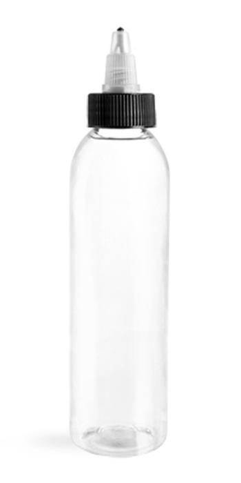 6 oz Clear PET Cosmo Round Bottles w/ Black /Natural Twist Top Caps