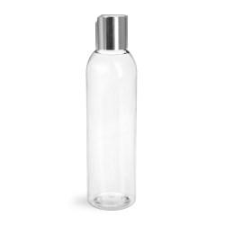 6 oz Clear PET Cosmo Round Bottles w/ with Silver Disc Top Caps