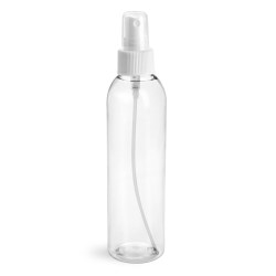 6 oz Clear Pet Cosmo Round Bottles w/ White Fine Mist Sprayers