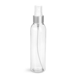 6 oz Clear PET Cosmo Round Bottles w/ White Sprayers w/ Brushed Aluminum Collars