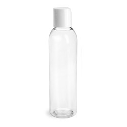 6 oz Clear PET Round Bottles w/ with White Disc Top Caps