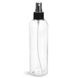 8 oz Clear PET Cosmo Round Bottles w/ Black Fine Mist Sprayers