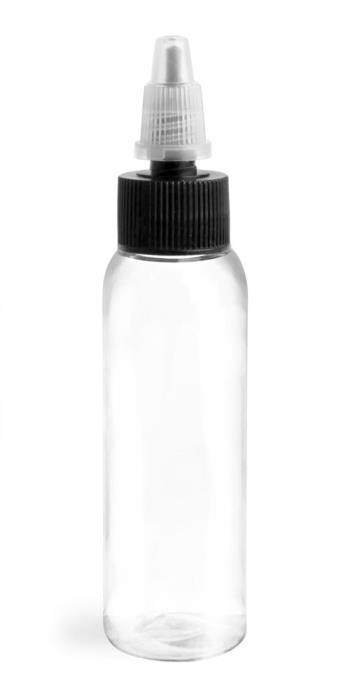 2 oz Plastic Bottles, Clear PET Cosmo Rounds w/ Black/Natural Induction Lined Caps