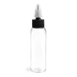 2 oz Plastic Bottles, Clear PET Cosmo Rounds w/ Black/Natural Induction Lined Caps