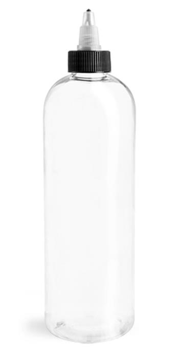 16 oz Clear PET Cosmo Round Bottles w. Black/Natural Twist Top Caps