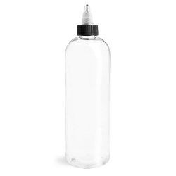 16 oz Clear PET Cosmo Round Bottles w. Black/Natural Twist Top Caps