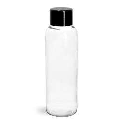 2 oz Plastic Bottles, Clear PET Cosmo Rounds w/ Black Smooth PS-22 Lined Caps