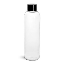 4 oz Plastic Bottles, Clear PET Cosmo Rounds w/ Black Smooth PS-22 Lined Caps