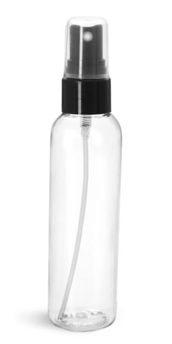 4 oz Plastic Bottles, Clear PET Cosmo Rounds w/ Smooth Black Fine Mist Sprayers