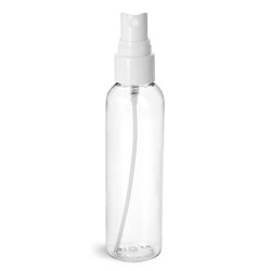 4 oz Plastic Bottles, Clear PET Cosmo Rounds w/ Smooth White Fine Mist Sprayers