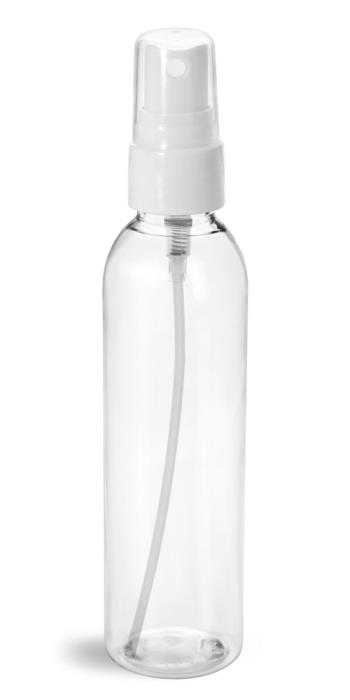 6 oz Plastic Bottles, Clear PET Cosmo Rounds w/ Smooth White Fine Mist Sprayers