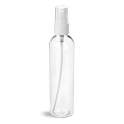 8 oz Plastic Bottles, Clear PET Cosmo Rounds w/ Smooth White Fine Mist Sprayers