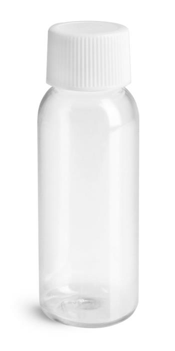 1 oz w/ White Ribbed Cap Clear PET Cosmo Round, Amenity Bottles with Caps