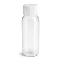 1 oz w/ White Ribbed Cap Clear PET Cosmo Round, Amenity Bottles with Caps