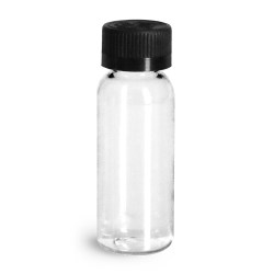 1 oz Plastic Bottles, Clear PET Cosmo Round Bottles w/ Black Child Resistant Caps