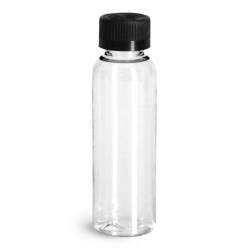 2 oz Plastic Bottles, Clear PET Cosmo Round Bottles w/ Black Child Resistant Caps