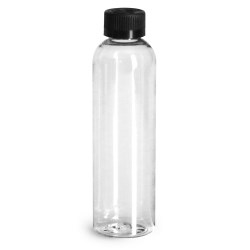 4 oz Plastic Bottles, Clear PET Cosmo Round Bottles w/ Black Child Resistant Caps