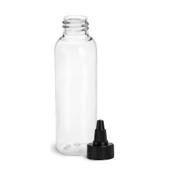 2 oz Plastic Bottles, Clear PET Cosmo Rounds w/ Black Induction Lined Twist Top Caps