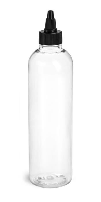 4 oz Plastic Bottles, Clear PET Cosmo Rounds w/ Black Induction Lined Twist Top Caps