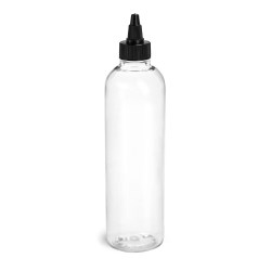 4 oz Plastic Bottles, Clear PET Cosmo Rounds w/ Black Induction Lined Twist Top Caps