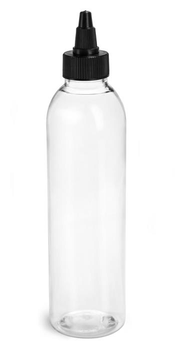 6 oz Plastic Bottles, Clear PET Cosmo Rounds w/ Black Induction Lined Twist Top Caps