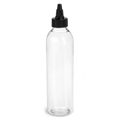 6 oz Plastic Bottles, Clear PET Cosmo Rounds w/ Black Induction Lined Twist Top Caps