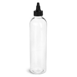 8 oz Plastic Bottles, Clear PET Cosmo Rounds w/ Black Induction Lined Twist Top Caps