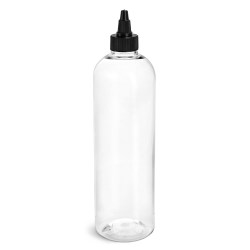 12 oz Plastic Bottles, Clear PET Cosmo Rounds w/ Black Induction Lined Twist Top Caps