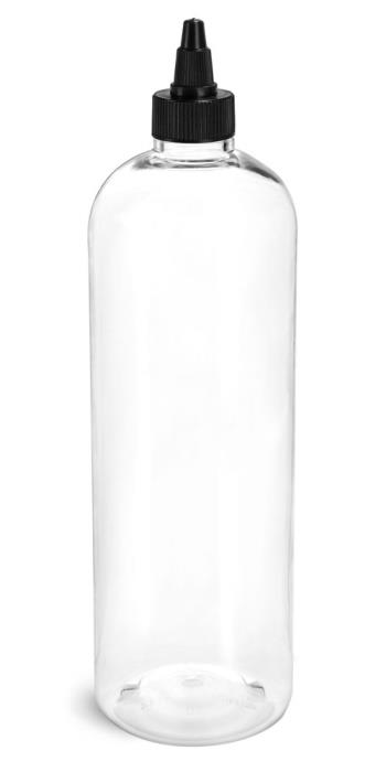 16 oz Plastic Bottles, Clear PET Cosmo Rounds w/ Black Induction Lined Twist Top Caps