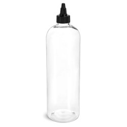 16 oz Plastic Bottles, Clear PET Cosmo Rounds w/ Black Induction Lined Twist Top Caps