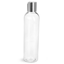 8 oz Clear PET Cosmo Round Bottles w/ Smooth Silver Disc Top Caps