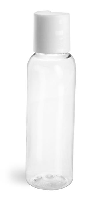 2 oz Clear PET Cosmo Round Bottles w/ Smooth White Disc Top Caps