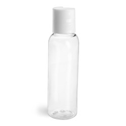 2 oz Clear PET Cosmo Round Bottles w/ Smooth White Disc Top Caps