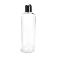 16 oz Clear PET Cosmo Round Bottles w/ Smooth Black Disc Top Caps