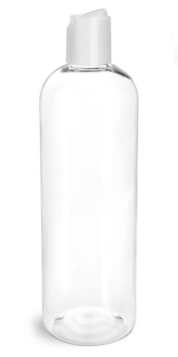 16 oz Clear PET Cosmo Round Bottles w/ Smooth White Disc Top Caps