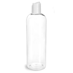 16 oz Clear PET Cosmo Round Bottles w/ Smooth White Disc Top Caps