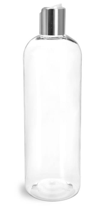 16 oz Clear PET Cosmo Round Bottles w/ Smooth Silver Disc Top Caps