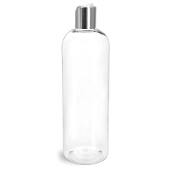 16 oz Clear PET Cosmo Round Bottles w/ Smooth Silver Disc Top Caps