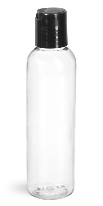 4 oz Clear PET Cosmo Round Bottles w/ Smooth Black Disc Top Caps