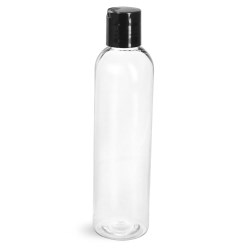 8 oz Clear PET Cosmo Round Bottles w/ Smooth Black Disc Top Caps