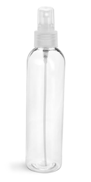 8 oz Clear PET Cosmo Round Bottles w/ Natural Fine Mist Sprayers