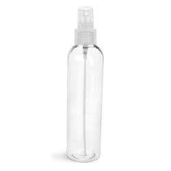 8 oz Clear PET Cosmo Round Bottles w/ Natural Fine Mist Sprayers