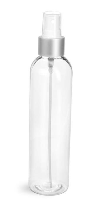 8 oz Clear PET Cosmo Round Bottles w/ White Sprayers w/ Brushed Aluminum Collars