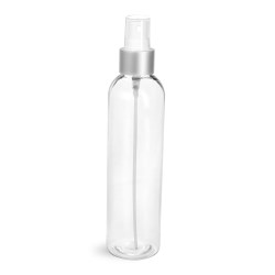 8 oz Clear PET Cosmo Round Bottles w/ White Sprayers w/ Brushed Aluminum Collars